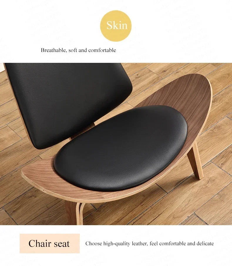 High Quality Solid Wood Three-Legged Chair Ash Plywood Black Faux Leather Living Room Furniture Modern Leisure Chairs