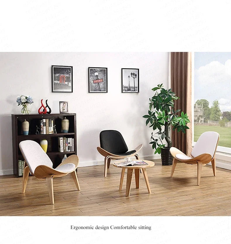 High Quality Solid Wood Three-Legged Chair Ash Plywood Black Faux Leather Living Room Furniture Modern Leisure Chairs