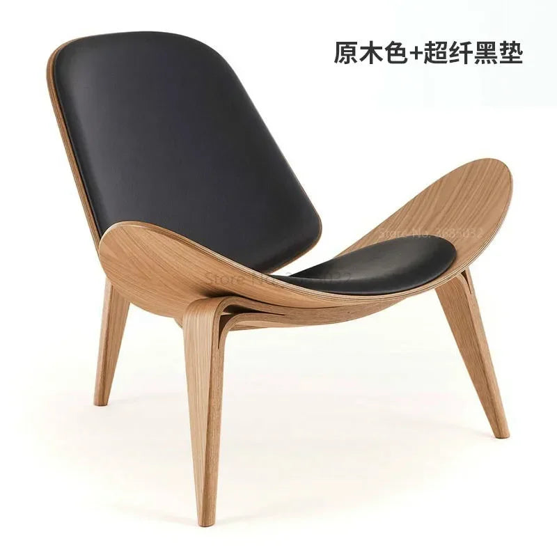 High Quality Solid Wood Three-Legged Chair Ash Plywood Black Faux Leather Living Room Furniture Modern Leisure Chairs