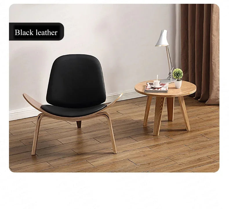 High Quality Solid Wood Three-Legged Chair Ash Plywood Black Faux Leather Living Room Furniture Modern Leisure Chairs