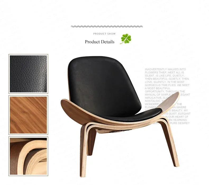 High Quality Solid Wood Three-Legged Chair Ash Plywood Black Faux Leather Living Room Furniture Modern Leisure Chairs