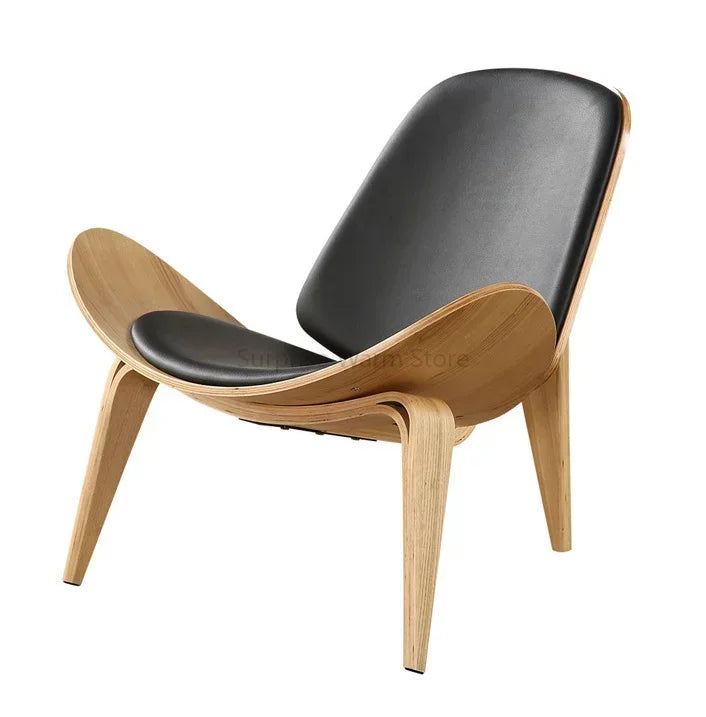 High Quality Solid Wood Three-Legged Chair Ash Plywood Black Faux Leather Living Room Furniture Modern Leisure Chairs